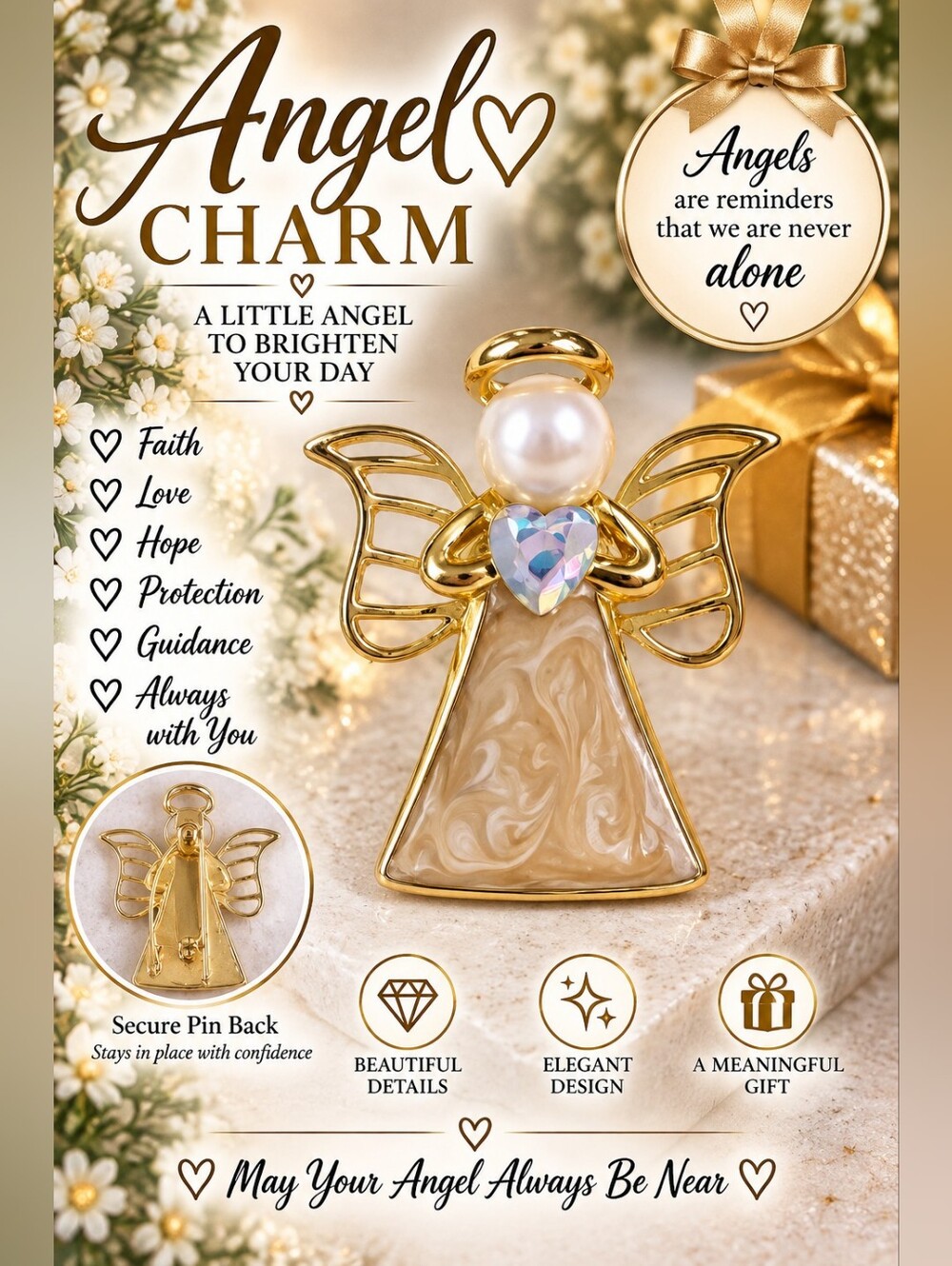 608 Gold Angel Brooch Pin with Cream Swirl Body and Pearl Accent